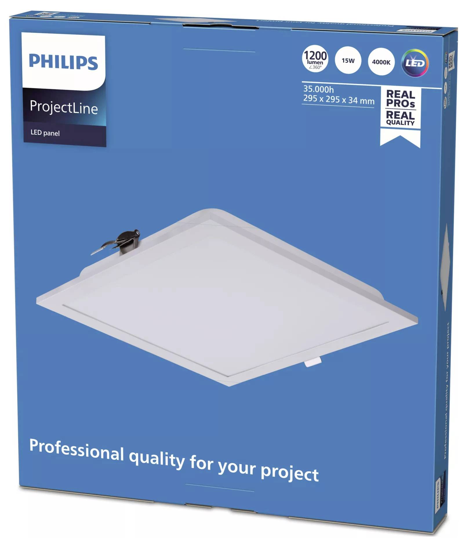 Philips ProjectLine LED panel package featuring a white square ceiling light, with 1200 lm, 15W, 4000K, and 35,000h listed on the box.
