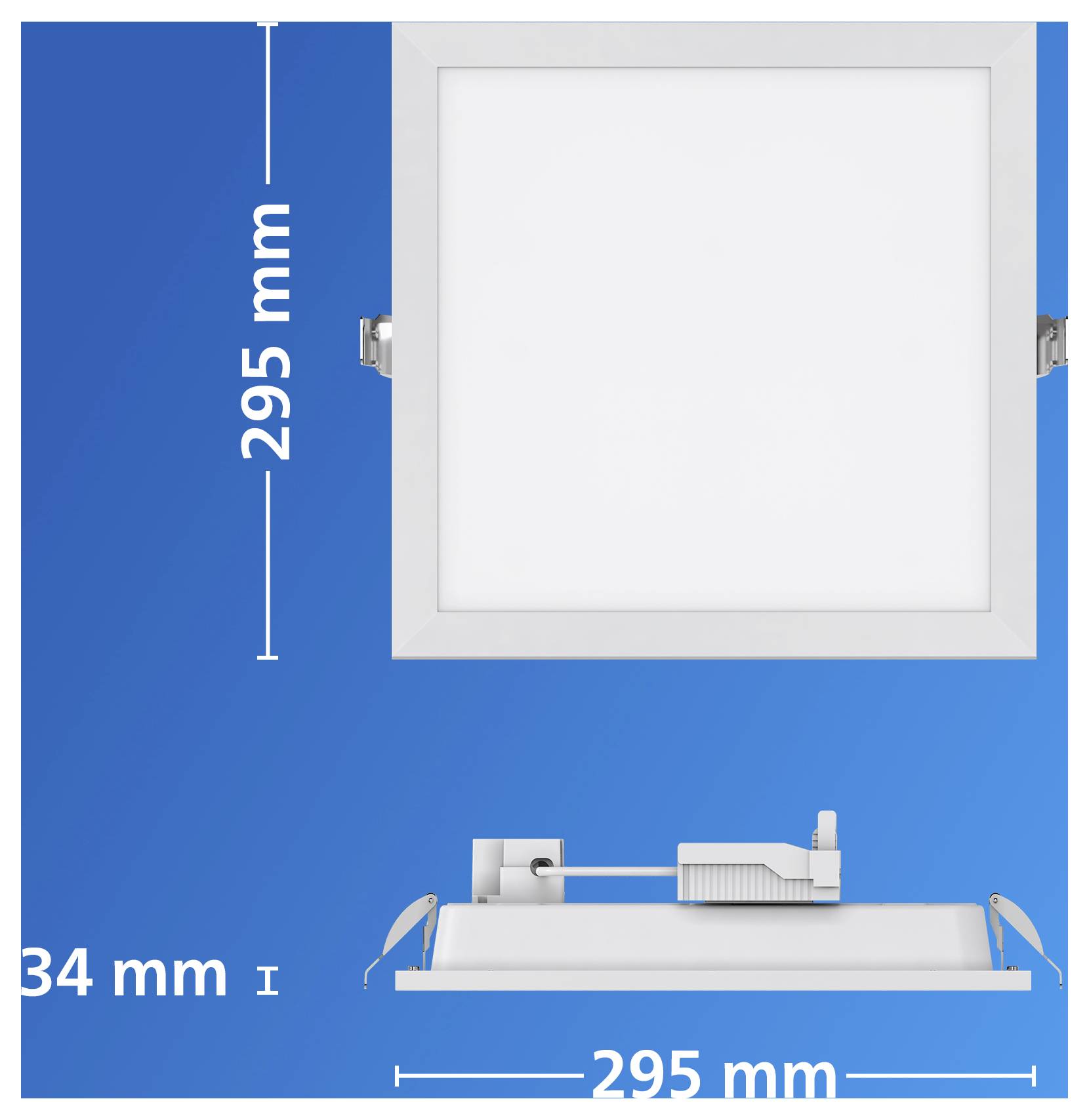 Diagram of a square recessed LED panel light with side and front views, labeled 295 mm wide and 295 mm high, showing 34 mm depth.