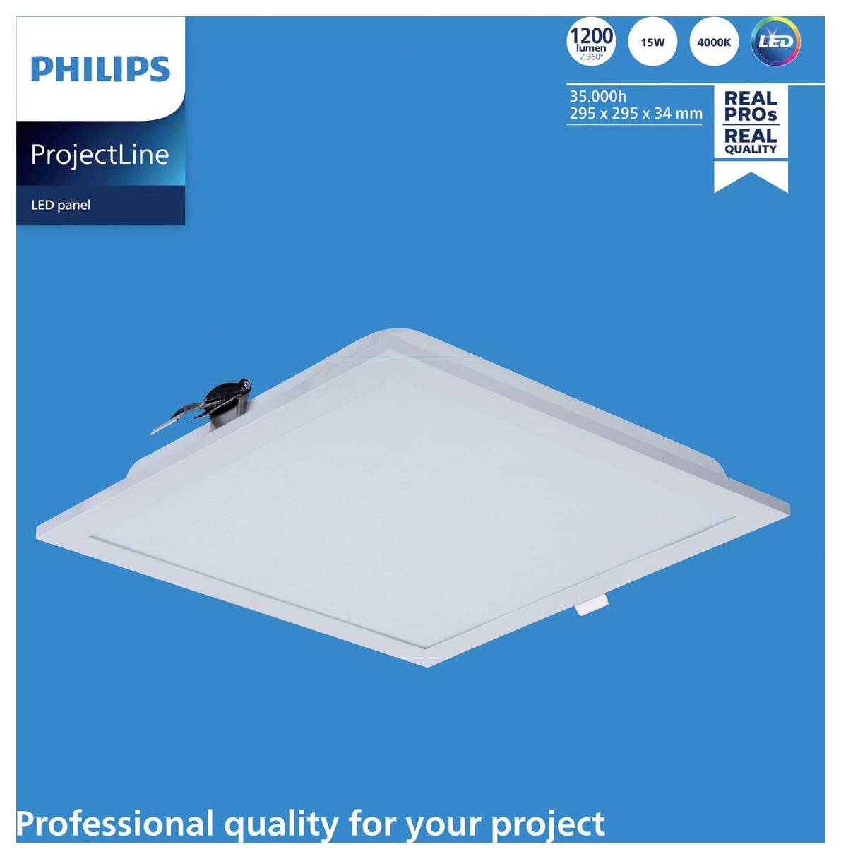 Philips ProjectLine LED panel product image on blue background, showing a square ceiling light with specs: 1200 lm, 15W, 4000K, 35,000h.<br>