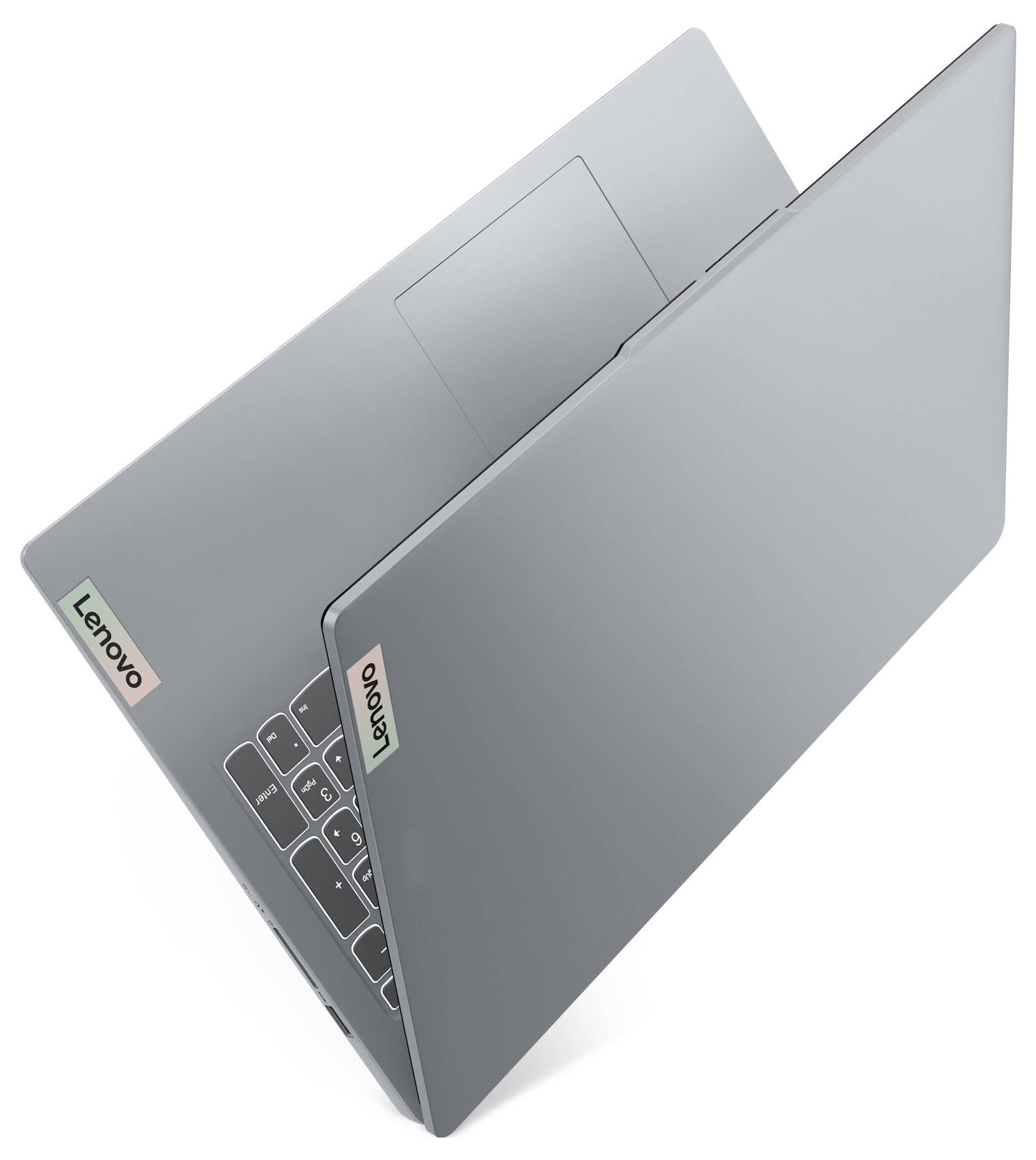 Two gray Lenovo laptops partially open and overlapping, showing the keyboards and Lenovo logos on a white background.