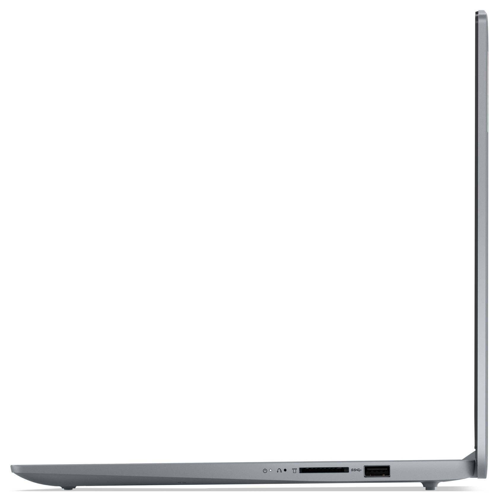 Side view of a thin gray laptop, shown closed and open at a slight angle, highlighting its slim profile and ports on the base.
