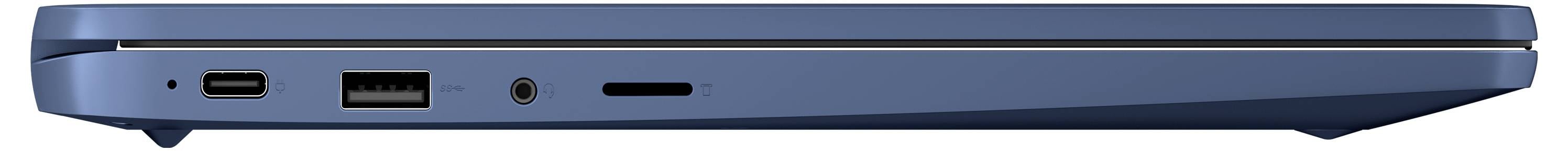 Side view of a blue laptop edge with ports: USB-C, USB-A, audio jack, and a vent opening.