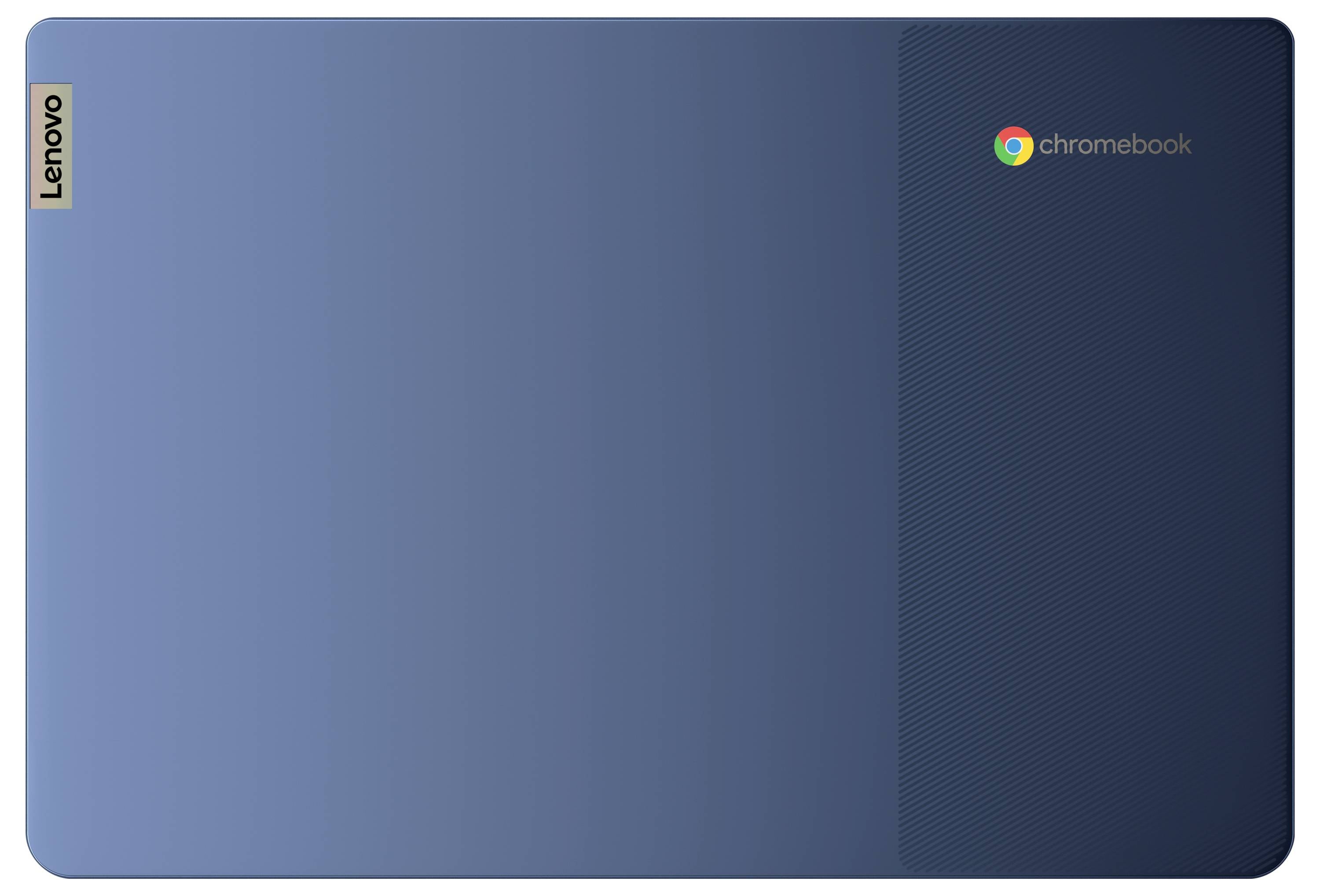 Closed blue Lenovo Chromebook laptop lid with Lenovo branding on the left and Chromebook logo on the right.