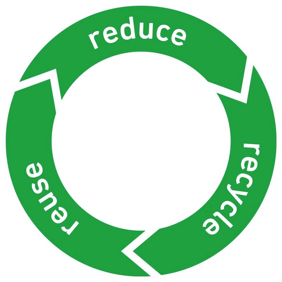 Green circular recycling symbol with arrows labeled 'reduce', 'reuse', and 'recycle' forming a loop<br>