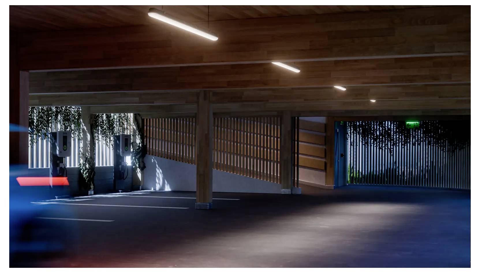 Blurred car in an underground parking garage with wood-paneled ceiling, bright overhead lights, and a green exit sign near the far wall.