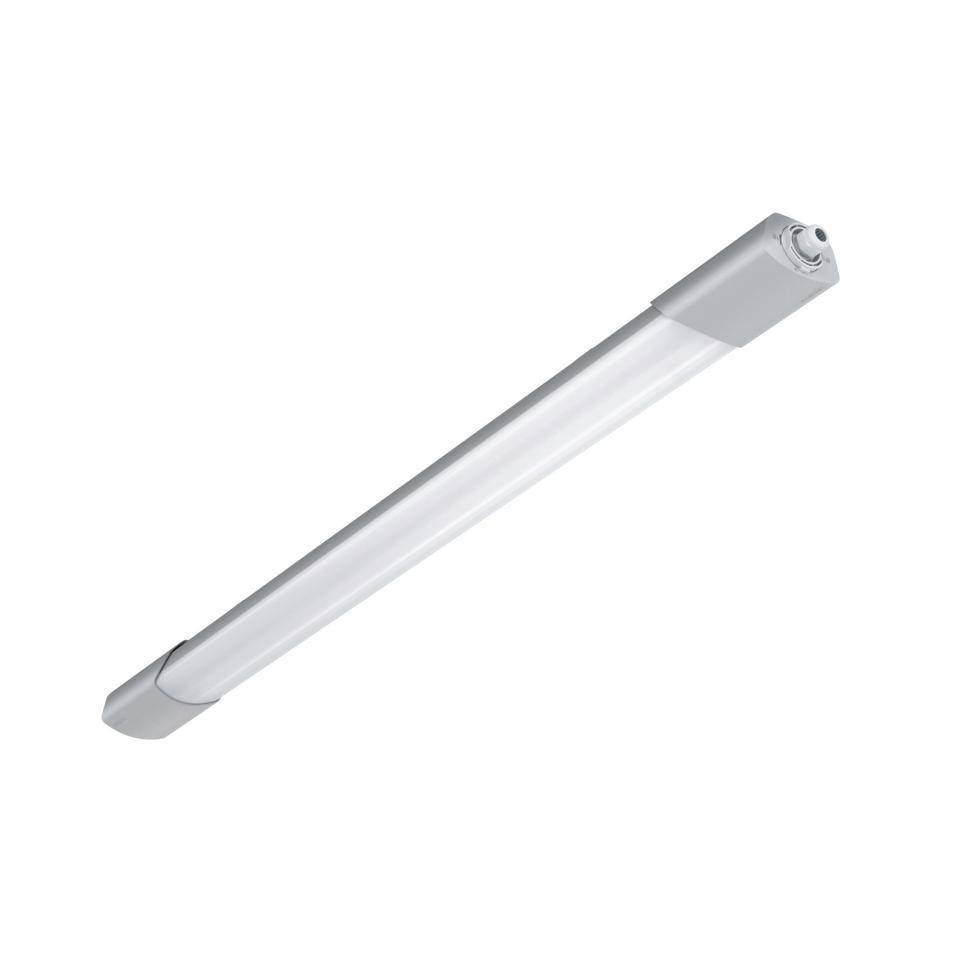 A long fluorescent tube light fixture with silver end caps on a plain white background.