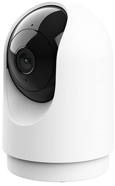 White dome security camera with black lens housing on a rotating base.