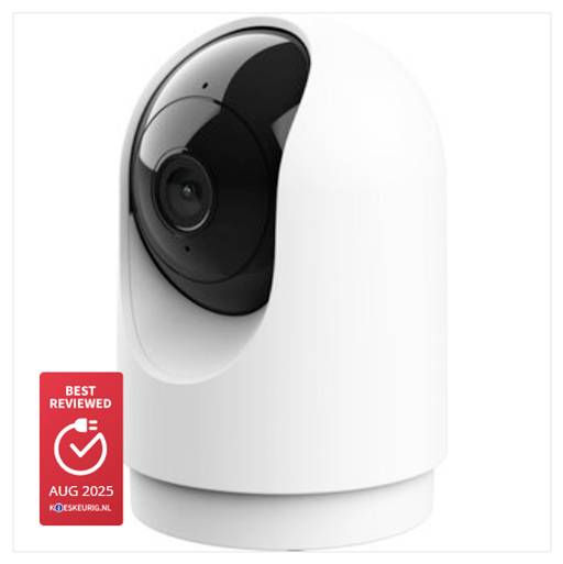 White smart security camera with black lens module, shown as a product image with a red 'Best Reviewed AUG 2025' badge.