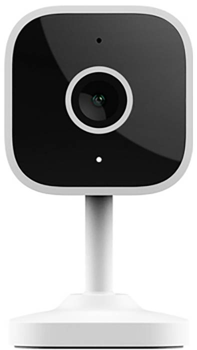 A compact black security camera on a white stand, shown front-facing with a central lens and small indicator light.