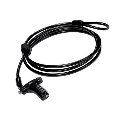 Black coiled cable lock with a keyless combination dial and looped end, shown on a white background.