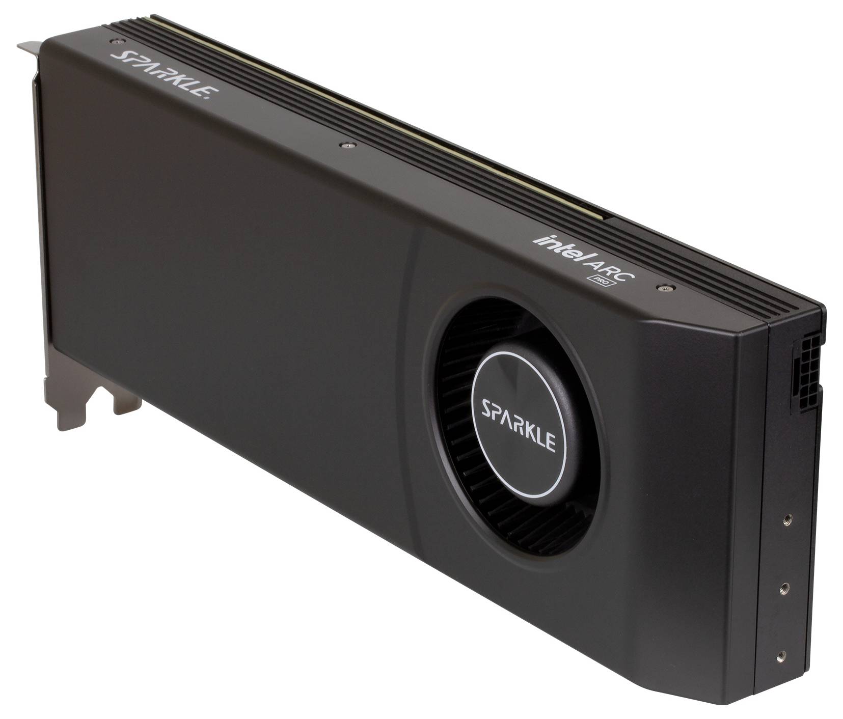 Black Sparkle Intel Arc graphics card with single fan, shown on a white background.<br>