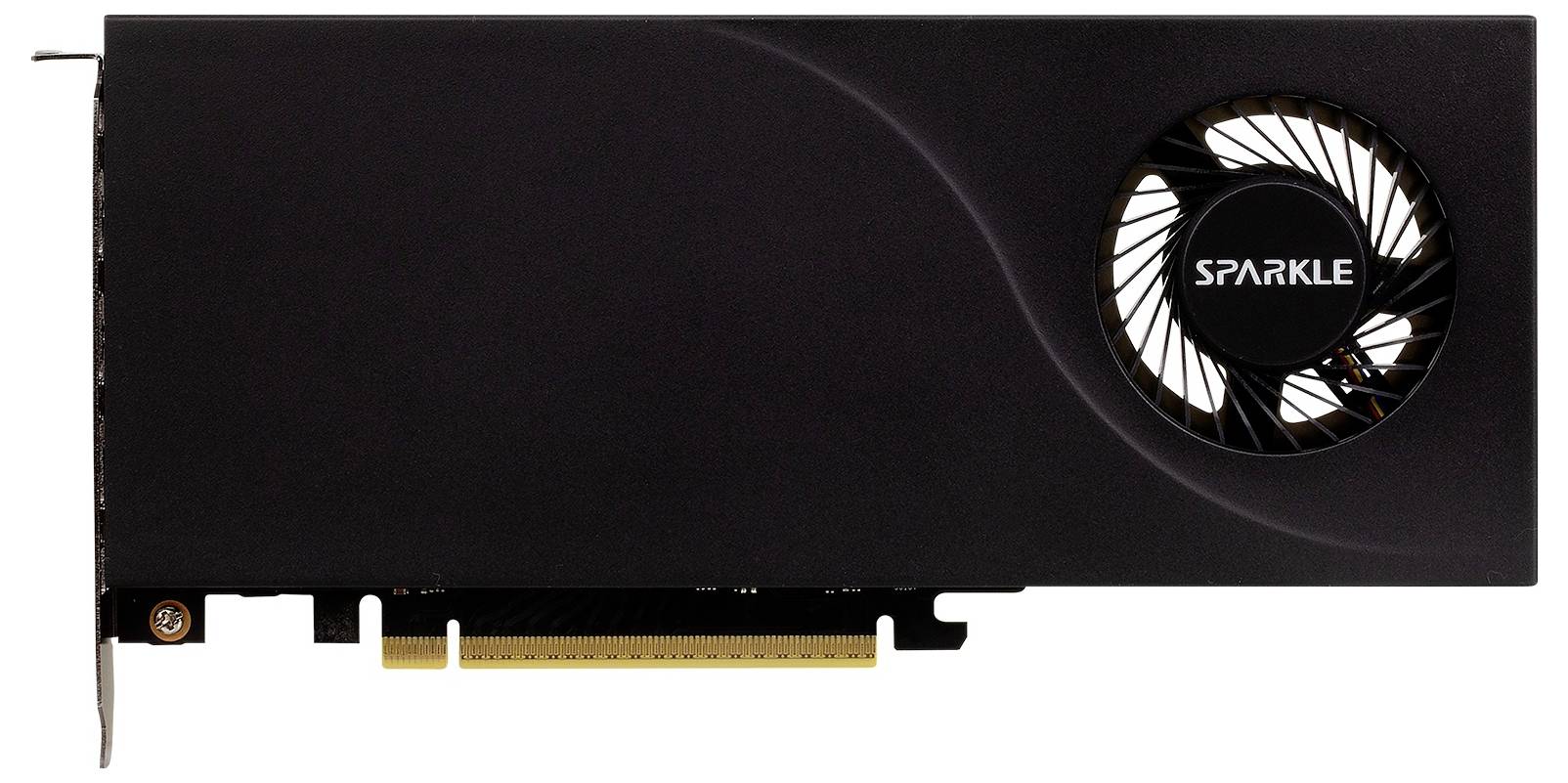 Black SPARKLE graphics card with a large circular fan on the right and gold PCIe connector along the bottom.