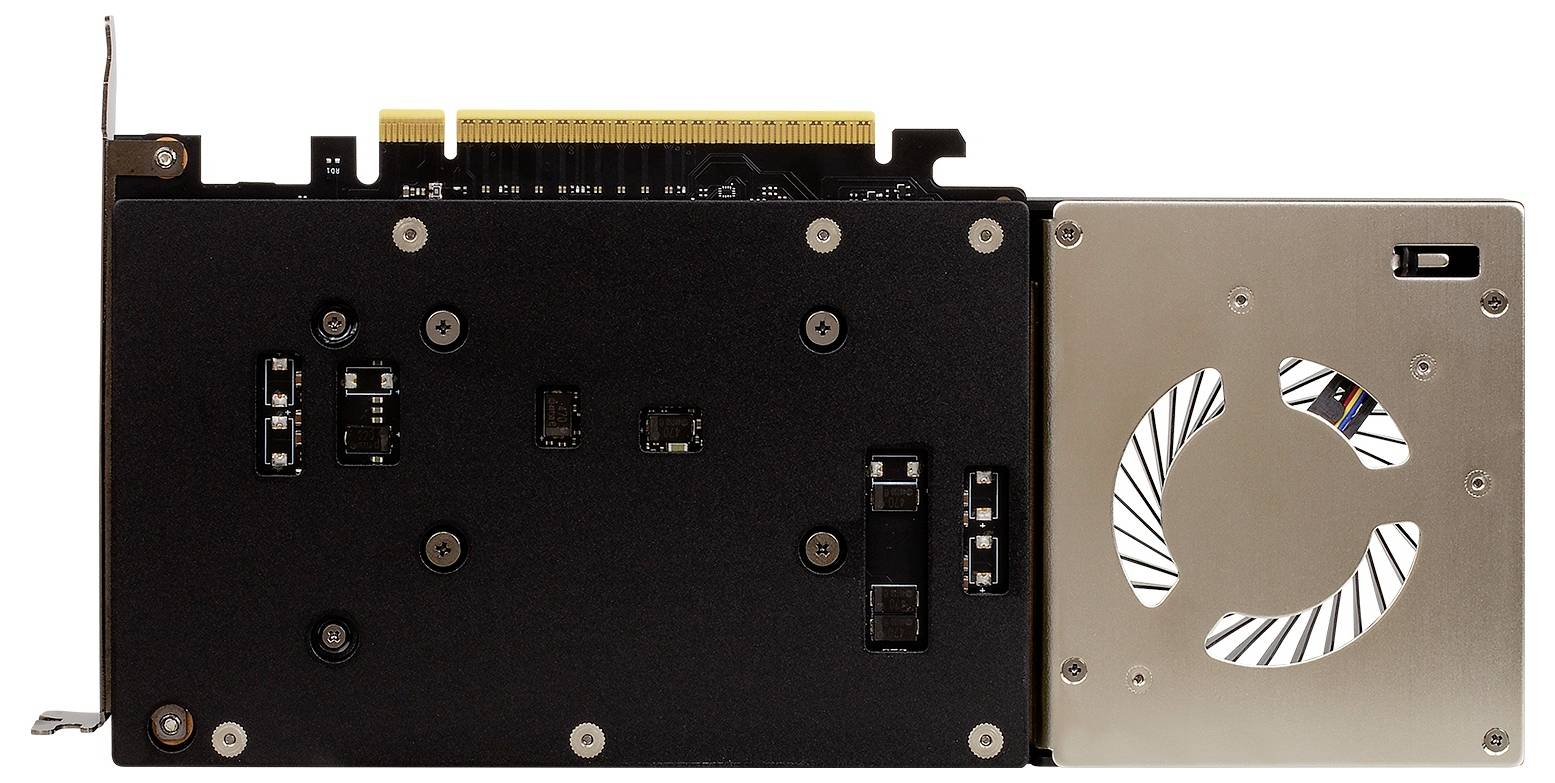 Graphics card cooling assembly with a black PCB and attached metal fan shroud on the right side.