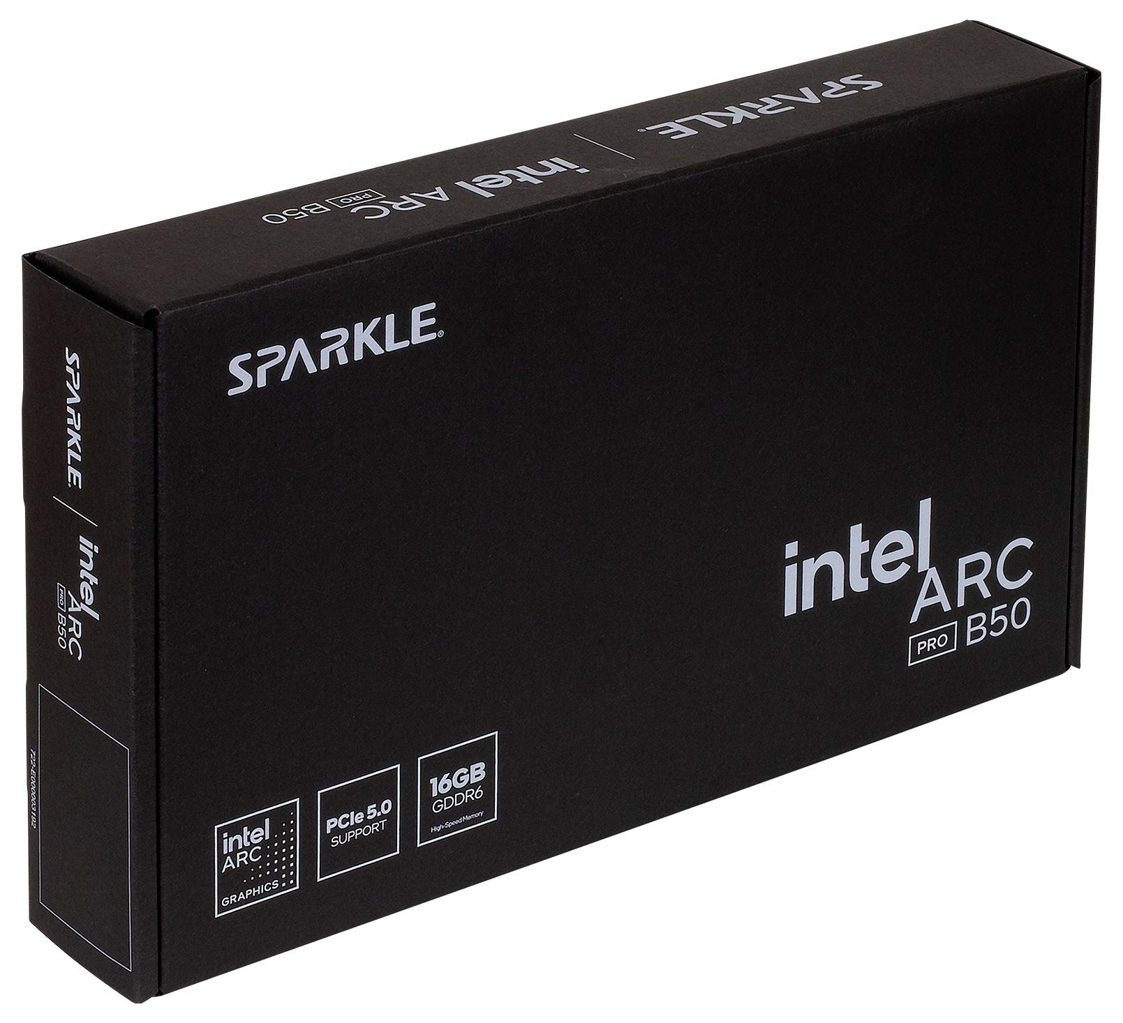 Black Sparkle graphics card box labeled 'Intel Arc Pro B50' and '16GB GDDR6', shown angled on a white background.