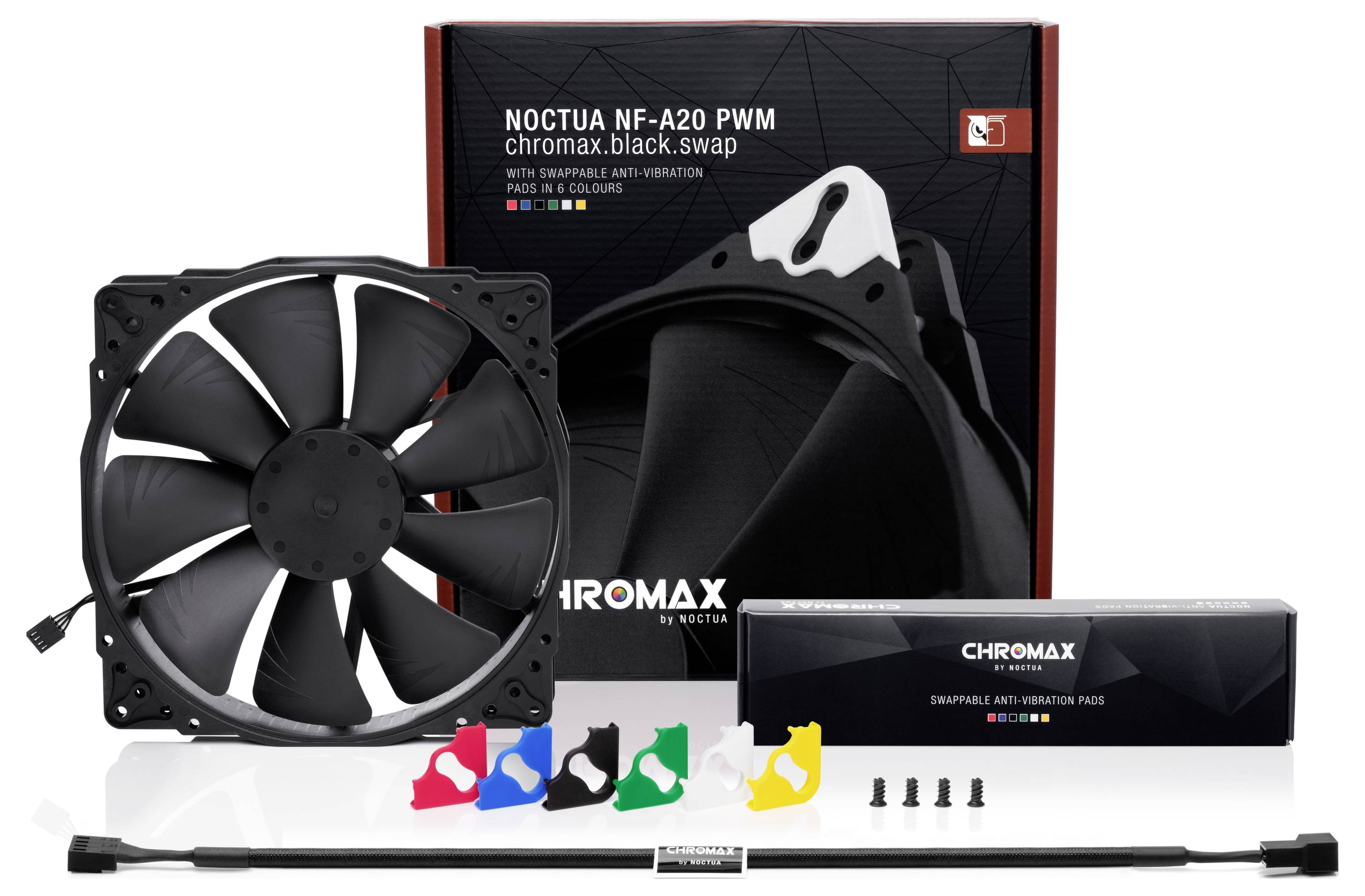 Product image of a Noctua NF-A20 PWM chromax.black.swap fan kit, showing the fan, black accessories, colored corner pads, cable, screws, and packaging.<br>