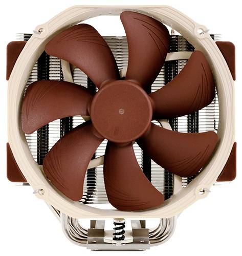 Close-up of a brown cooling fan with seven blades and a cream frame, shown from the front on a white background.