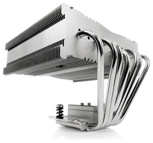A silver computer CPU cooler heatsink with multiple metal heat pipes and stacked cooling fins, shown on a white background.