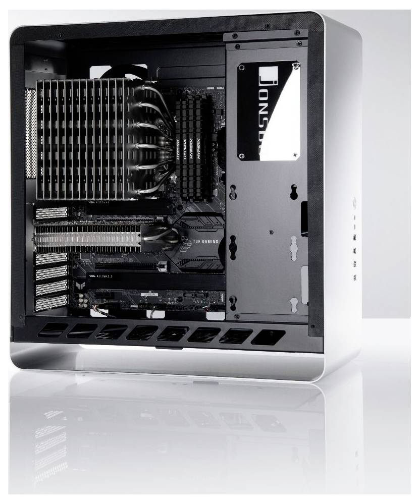 Open desktop computer tower with visible internal components, including multiple fans, heatsinks, and graphics cards, shown in a silver case.<br>