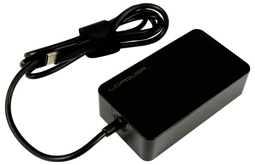 Black laptop power adapter with attached USB-C cable and plug, shown on a white background.