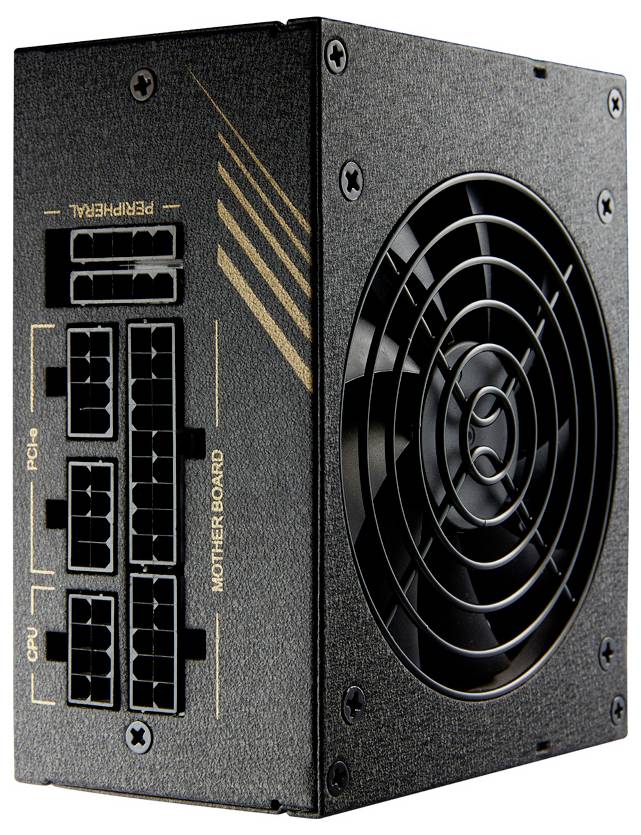 Black modular computer power supply with rear cooling fan and labeled cable connectors on the side.