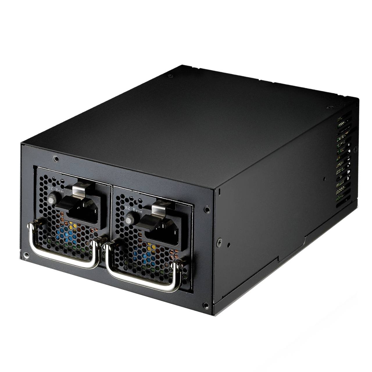 Black dual-hot-swap server power supply unit with two rear cooling modules and handles, shown on a white background.