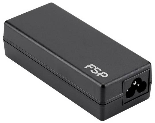 Black rectangular power adapter with an IEC connector port on one end, shown on a white background.