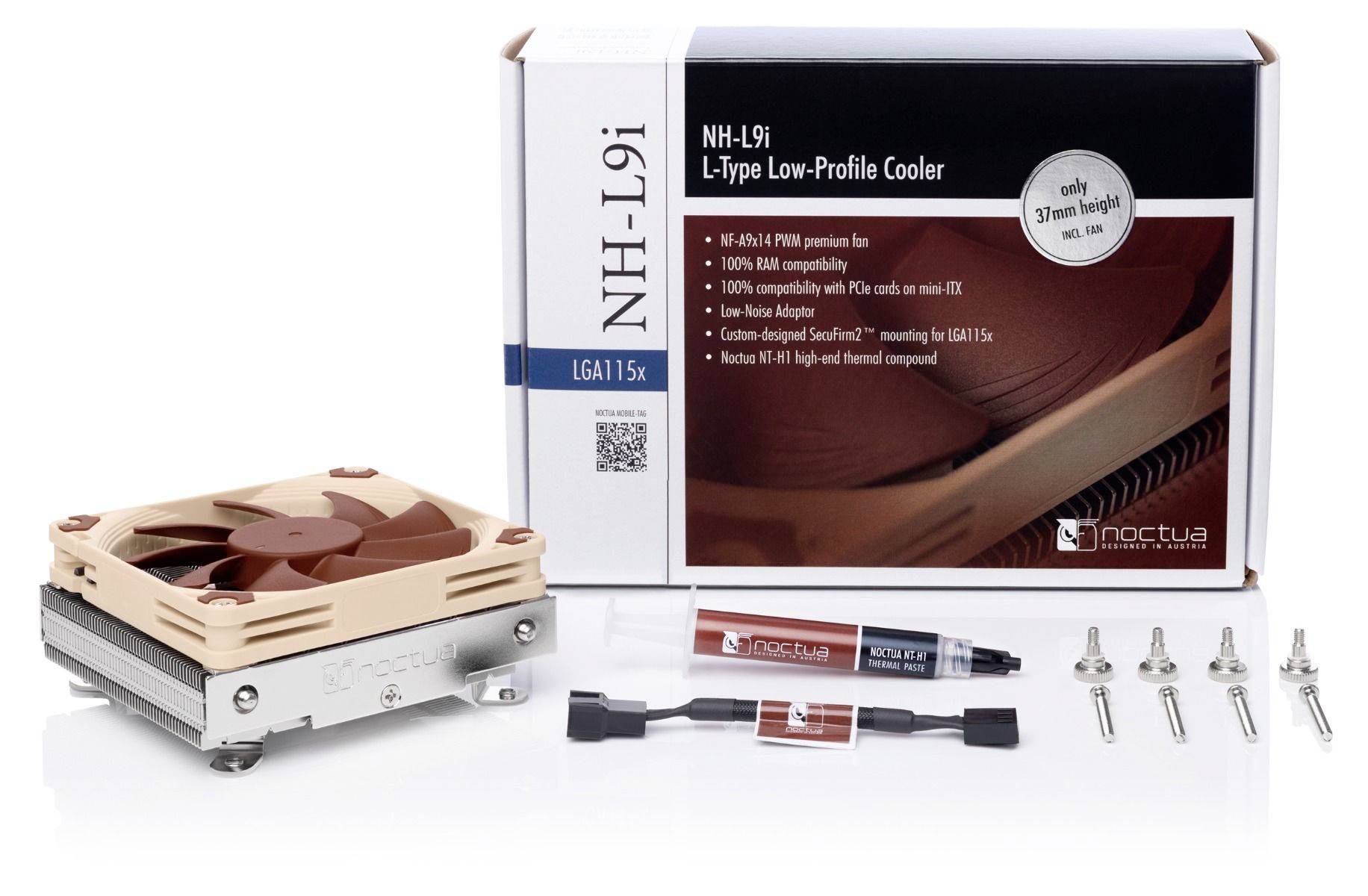 Product photo of a Noctua NH-L9i low-profile CPU cooler kit, showing the cooler, mounting screws, thermal paste, and retail box.