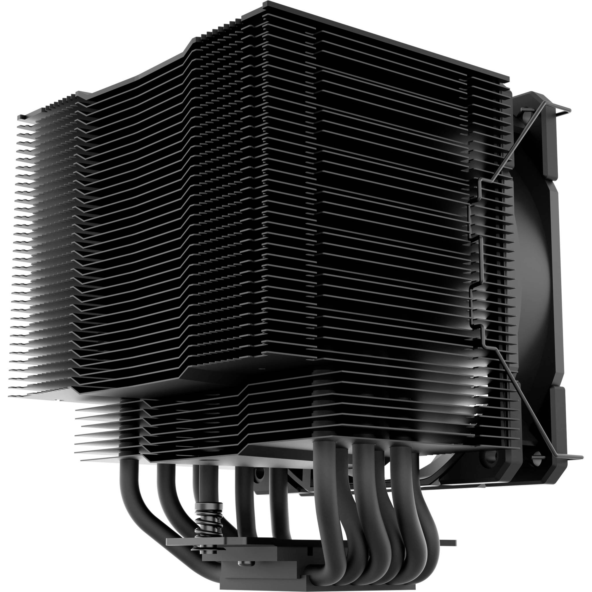 Black CPU air cooler with large stacked heatsink fins, fan on the right, and multiple heat pipes at the base.