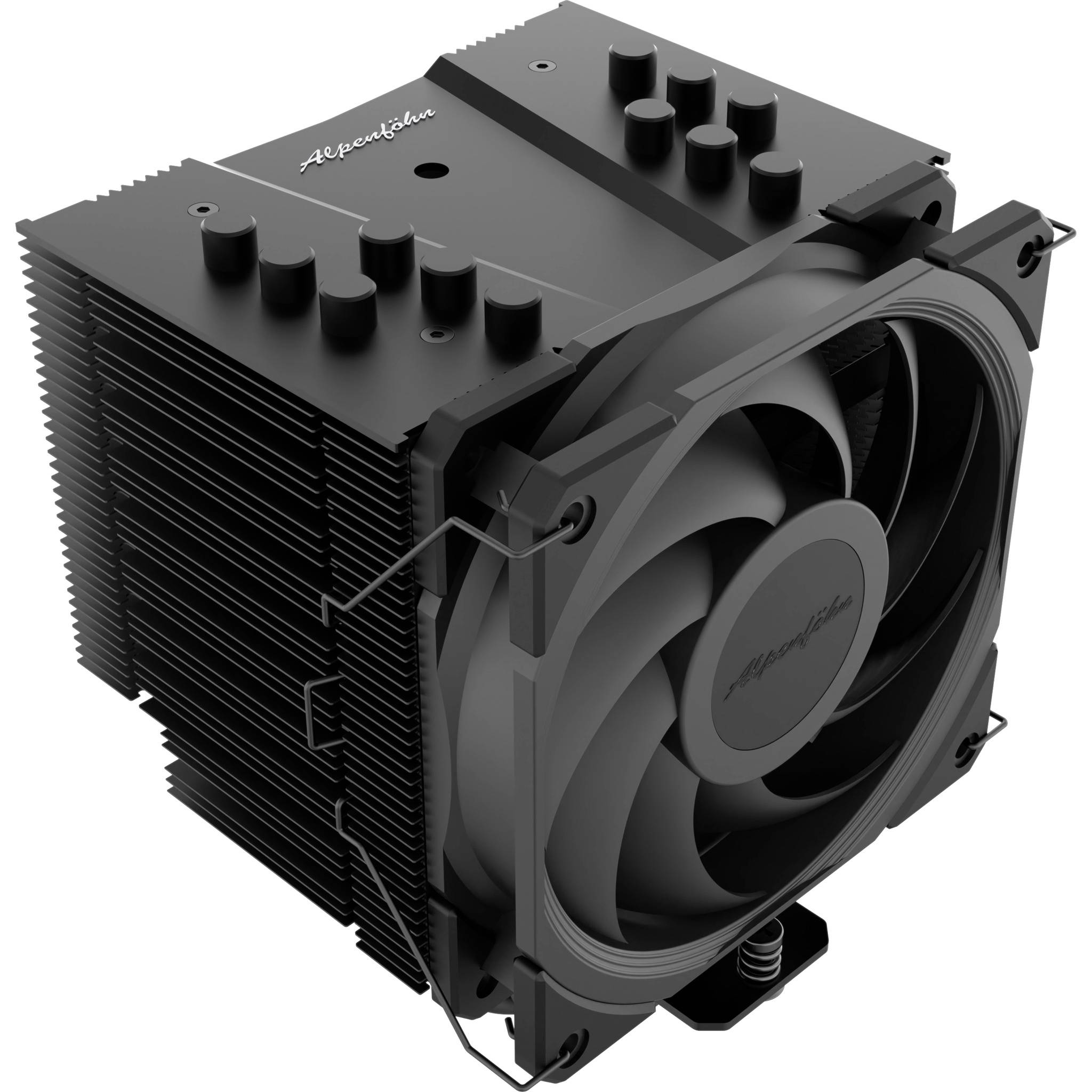 Black tower CPU air cooler with stacked fins, four heat pipes, and a large front fan.