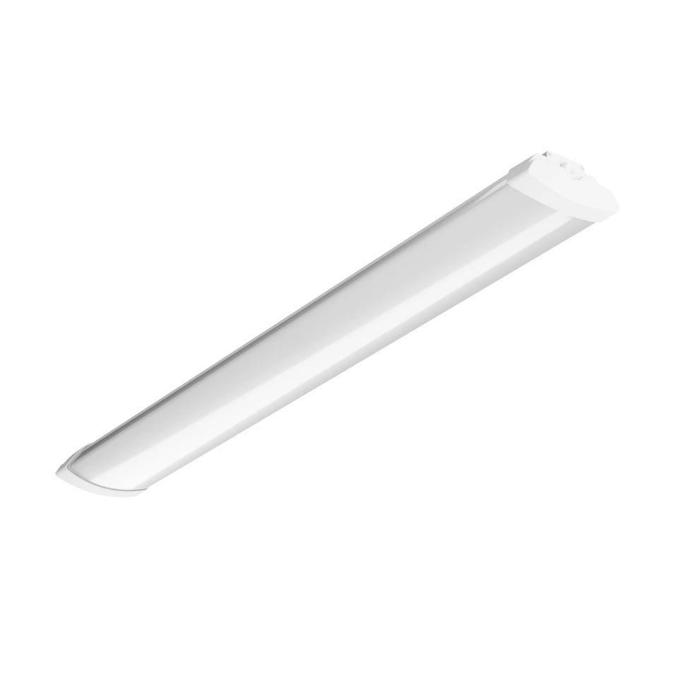 Slim white fluorescent light fixture on a plain white background.