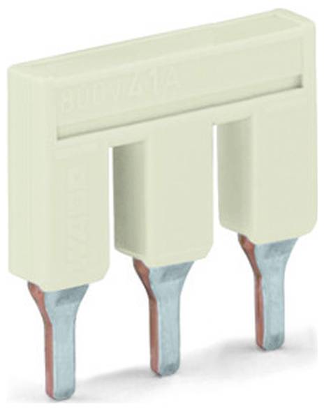 Three-prong electrical plug connector shown in close-up, with a beige plastic housing and metal prongs.
