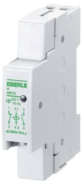 White DIN-rail electrical relay module labeled 'EBERLE IR 49072', showing 230V AC 50 Hz and wiring terminals on the front.