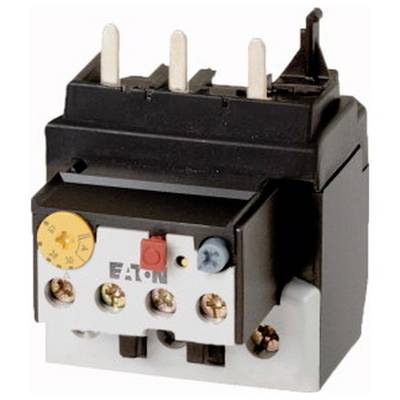 Close-up of an Eaton electrical relay/overload device with black housing, metal terminals, and adjustment dials.