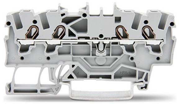 Cross-section of a gray electrical connector terminal block showing internal wiring channels and spring contacts.