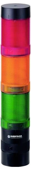 Stacked red, amber, and green industrial signal tower light with a black base, used to indicate machine status.