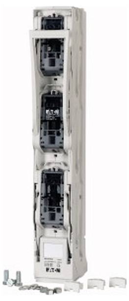 Tall white electrical cabinet with three stacked internal compartments, shown with loose mounting hardware and cover pieces below.