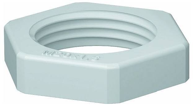 Light blue plastic hex nut with internal threading, isolated on a white background.<br>
