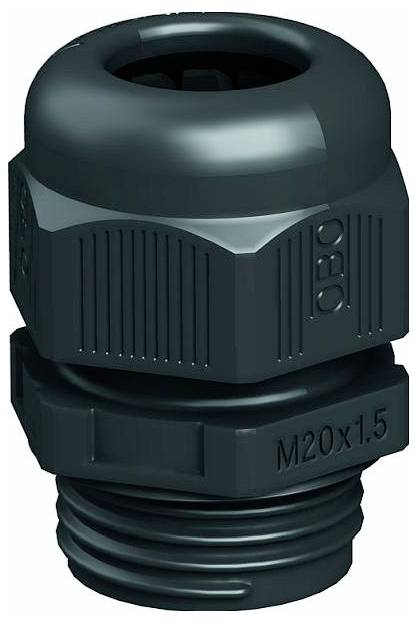 Black plastic cable gland with threaded base labeled M20x1.5 and hex body marked OBO.