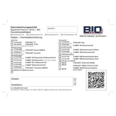 German product classification label for fire protection systems, with BIO logo, checkbox categories, technical product names, and a QR code.