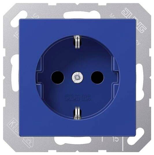 Blue Schuko-style electrical wall outlet with two round sockets and grounding contacts on a mounting frame.