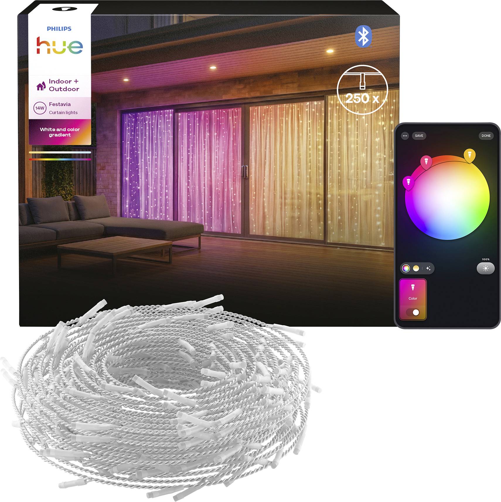 Philips Hue Festavia curtain lights box with Bluetooth, smartphone color-control screen, and a coiled light string showing indoor-outdoor white and color gradient lighting.