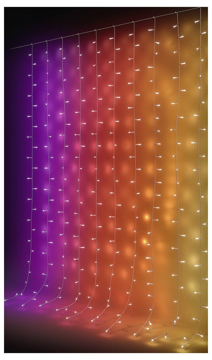 Abstract installation of hanging light strands forming a purple-to-orange glowing curtain against a dark background.<br>