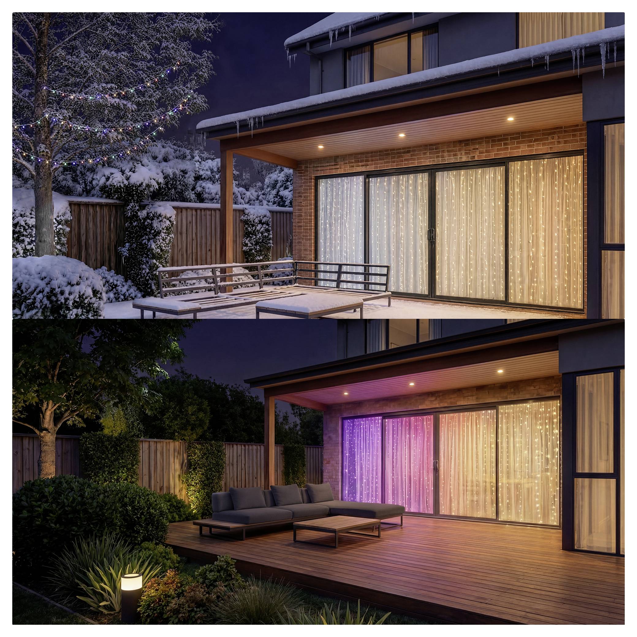 Split image showing a backyard patio before and after lighting; the lower scene has a warm, illuminated deck with outdoor sofa and colorful curtains at night.<br>