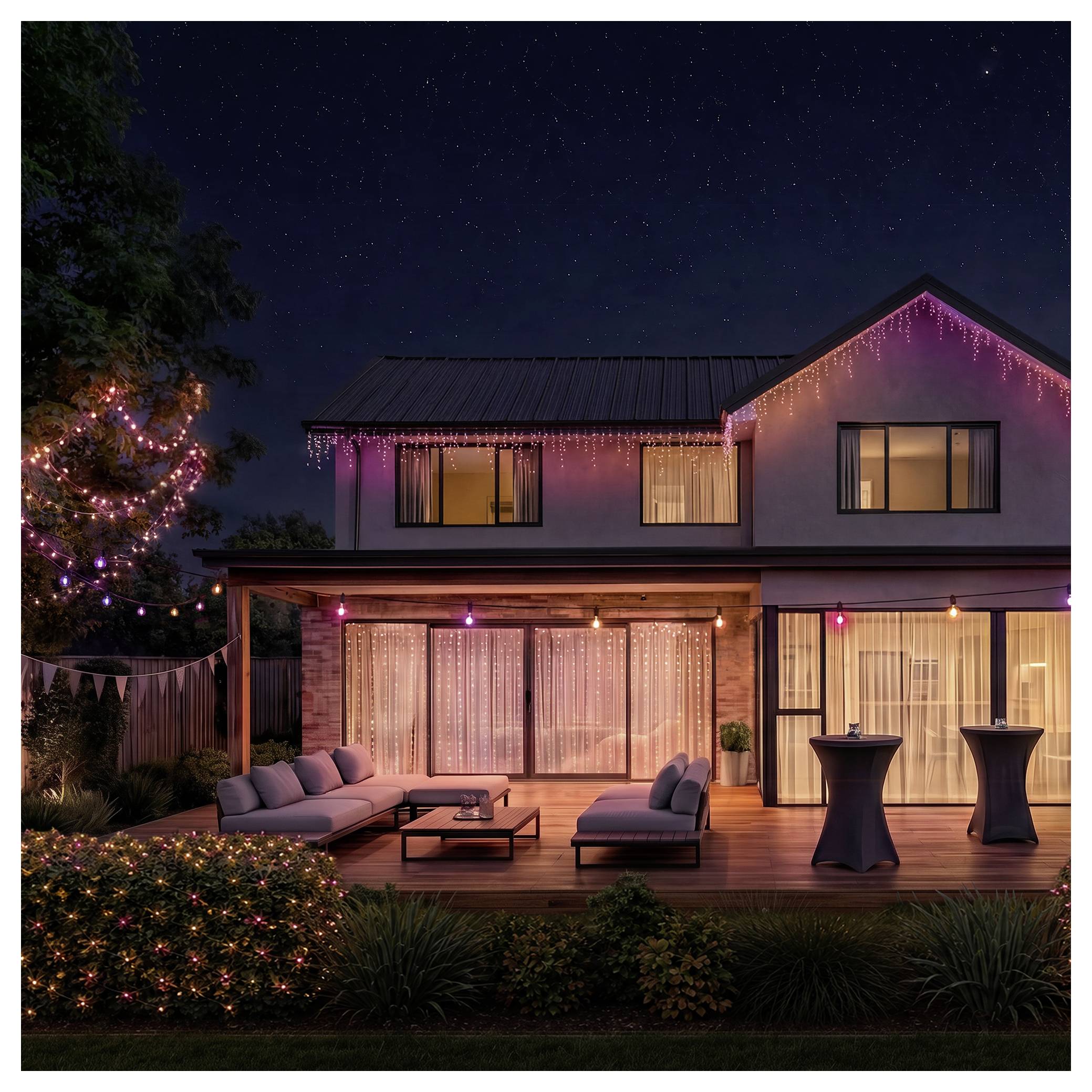 Two-story house at night with pink holiday lights, lit patio, outdoor seating and two tall cocktail tables in the backyard.
