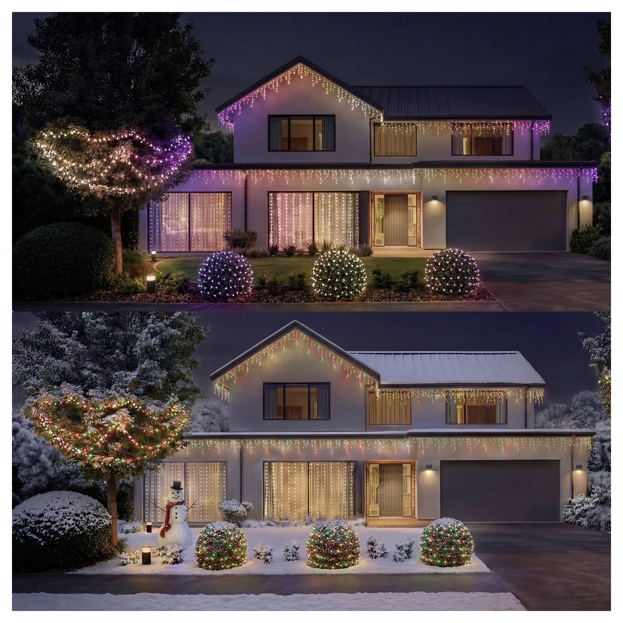 Two stacked views of the same suburban house: top at night with colorful holiday lights, bottom in snow with the same lights plus a snowman and lit yard decorations.