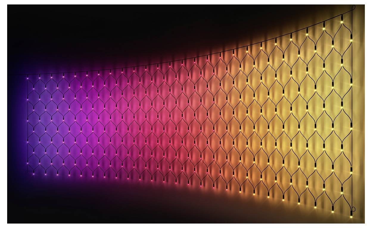 Abstract illuminated wall with a left-to-right gradient from purple to orange, overlaid by a repeating diamond lattice pattern.