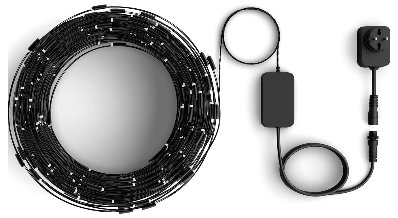 Coiled black cable with inline module and plug, shown next to a neatly looped end against a white background.