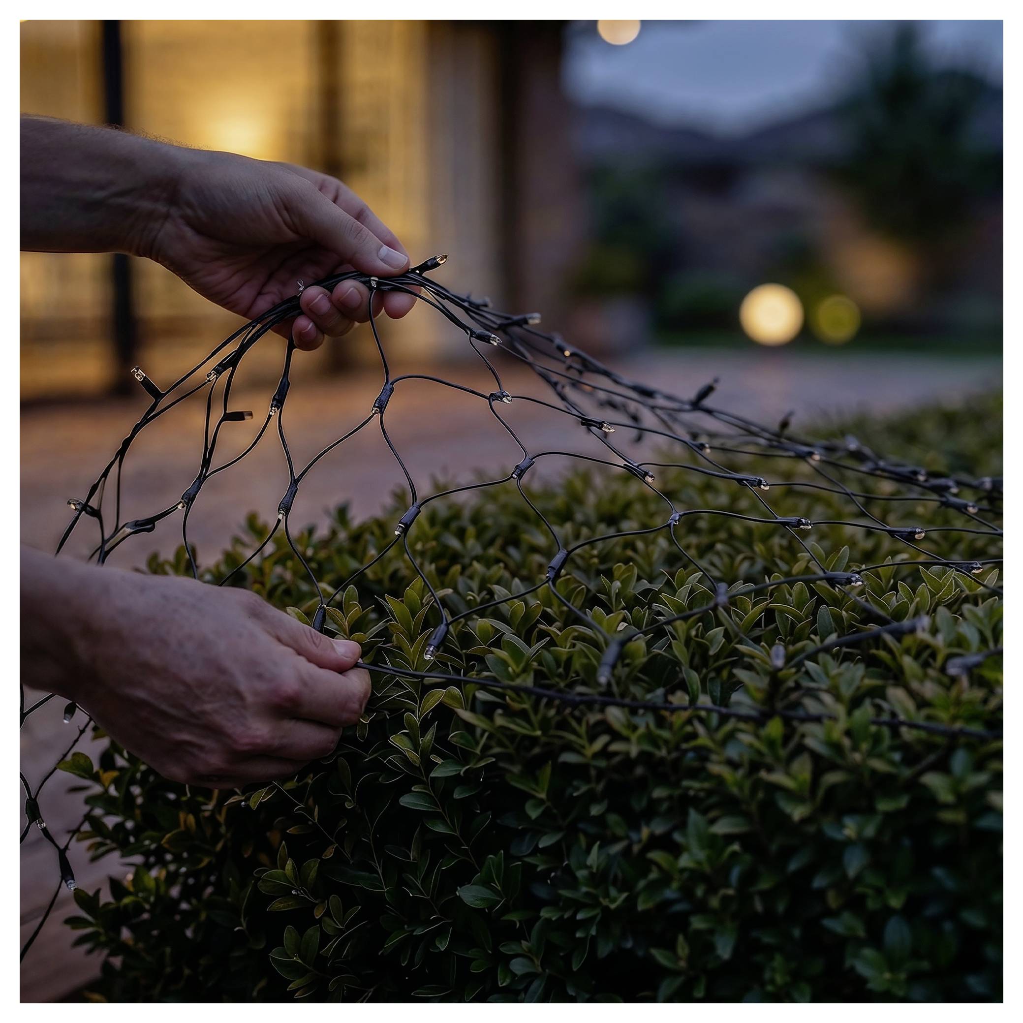 Hands drape and secure a string of lights over a trimmed hedge outdoors at dusk, with a softly lit house in the background.