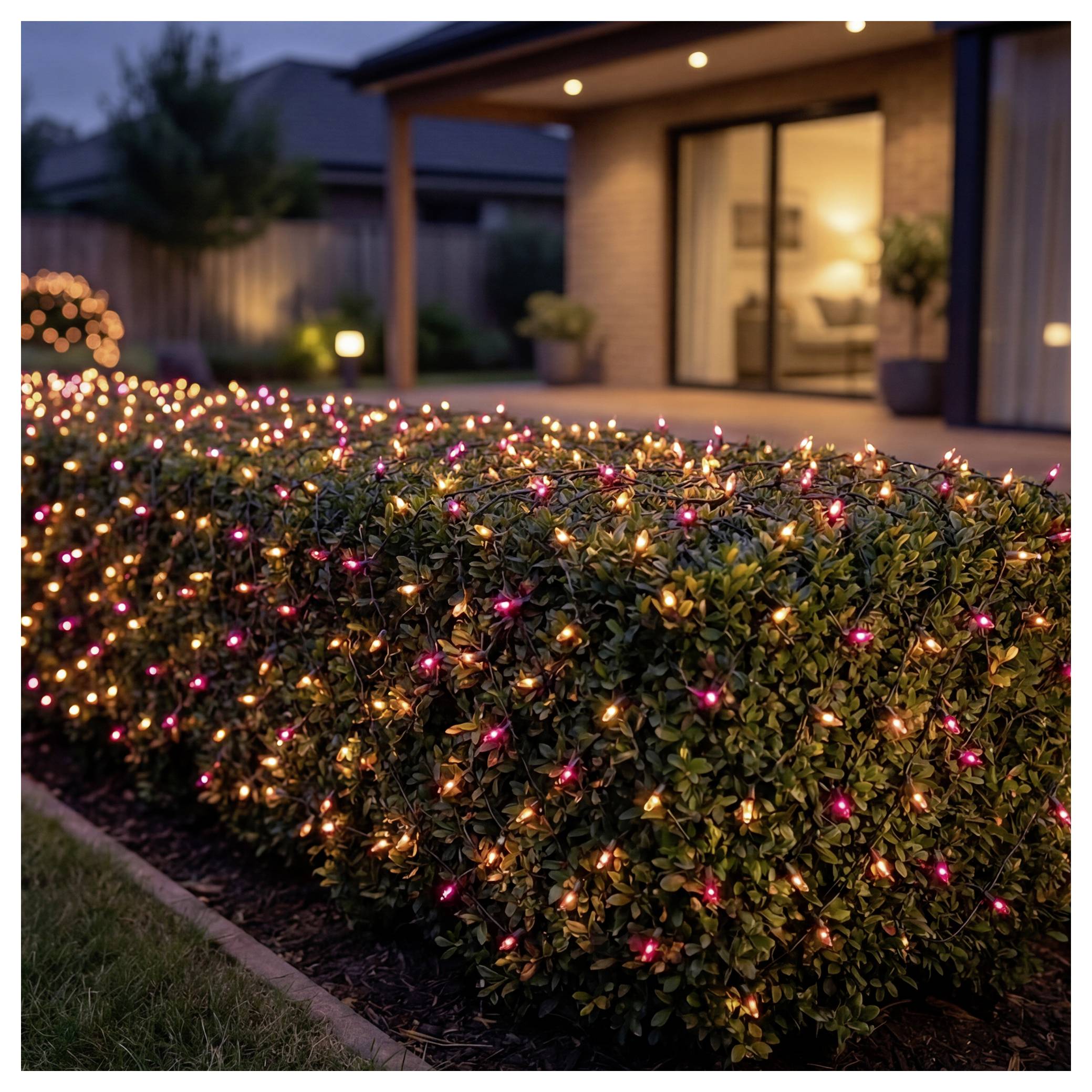 Outdoor hedge wrapped in small pink and orange string lights beside a modern house at dusk, creating festive landscape lighting.