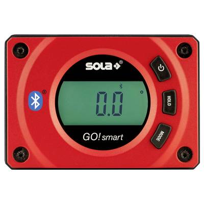 Red SOLA Go! smart digital level showing 0.0 on a green display, with Bluetooth icon and power, hold, and mode buttons.